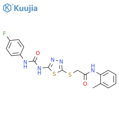 2-(5-{(4-fluorophenyl)carbamoylamino}-1,3,4-thiadiazol-2-yl)sulfanyl-N-(2-methylphenyl)acetamide structure