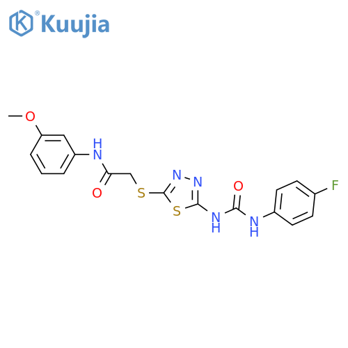 2-(5-{(4-fluorophenyl)carbamoylamino}-1,3,4-thiadiazol-2-yl)sulfanyl-N-(3-methoxyphenyl)acetamide structure
