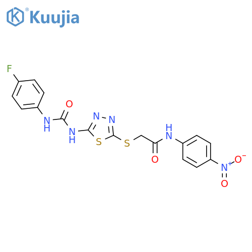 2-(5-{(4-fluorophenyl)carbamoylamino}-1,3,4-thiadiazol-2-yl)sulfanyl-N-(4-nitrophenyl)acetamide structure