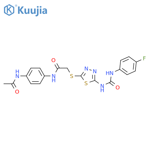 N-(4-acetamidophenyl)-2-(5-{(4-fluorophenyl)carbamoylamino}-1,3,4-thiadiazol-2-yl)sulfanylacetamide structure