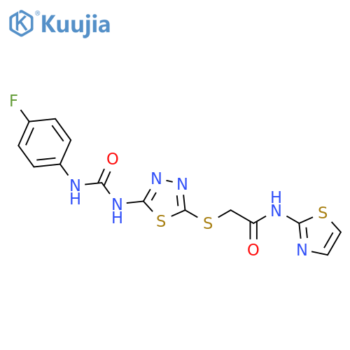 2-(5-{(4-fluorophenyl)carbamoylamino}-1,3,4-thiadiazol-2-yl)sulfanyl-N-(1,3-thiazol-2-yl)acetamide structure