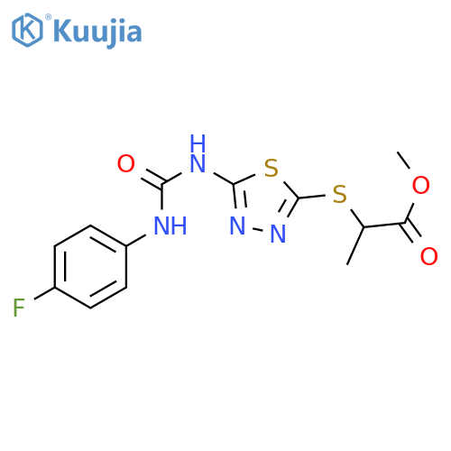 methyl 2-(5-{(4-fluorophenyl)carbamoylamino}-1,3,4-thiadiazol-2-yl)sulfanylpropanoate structure