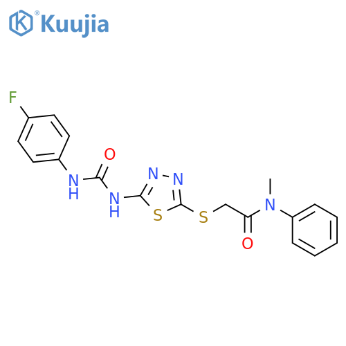 2-(5-{(4-fluorophenyl)carbamoylamino}-1,3,4-thiadiazol-2-yl)sulfanyl-N-methyl-N-phenylacetamide structure