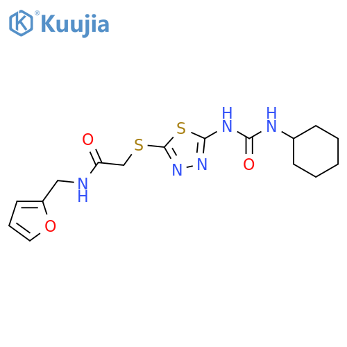 2-({5-(cyclohexylcarbamoyl)amino-1,3,4-thiadiazol-2-yl}sulfanyl)-N-(furan-2-yl)methylacetamide structure