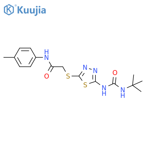 2-({5-(tert-butylcarbamoyl)amino-1,3,4-thiadiazol-2-yl}sulfanyl)-N-(4-methylphenyl)acetamide structure