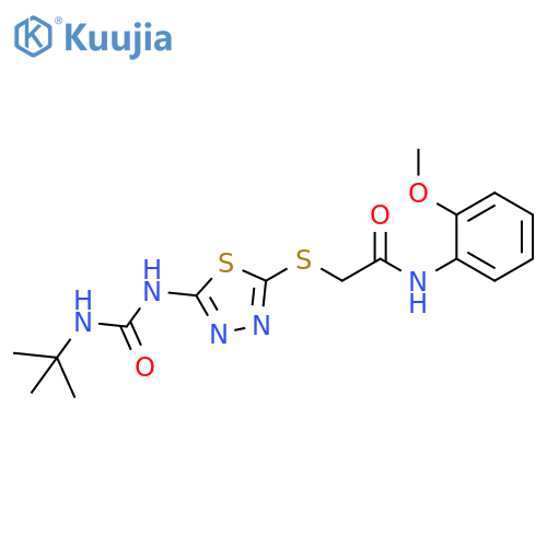 2-({5-(tert-butylcarbamoyl)amino-1,3,4-thiadiazol-2-yl}sulfanyl)-N-(2-methoxyphenyl)acetamide structure