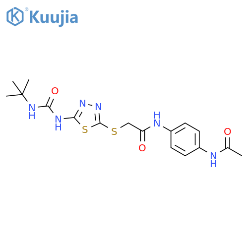 2-({5-(tert-butylcarbamoyl)amino-1,3,4-thiadiazol-2-yl}sulfanyl)-N-(4-acetamidophenyl)acetamide structure