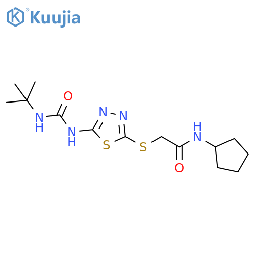 2-({5-(tert-butylcarbamoyl)amino-1,3,4-thiadiazol-2-yl}sulfanyl)-N-cyclopentylacetamide structure