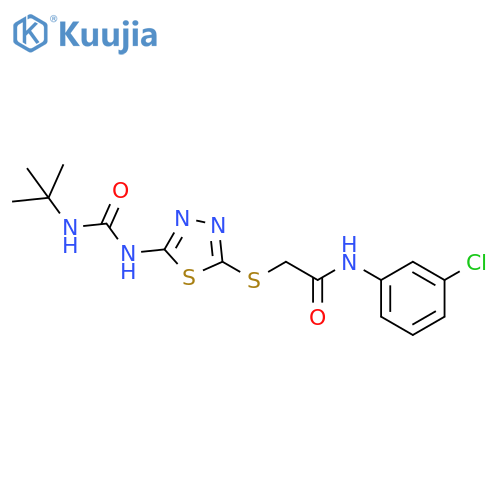 2-({5-(tert-butylcarbamoyl)amino-1,3,4-thiadiazol-2-yl}sulfanyl)-N-(3-chlorophenyl)acetamide structure