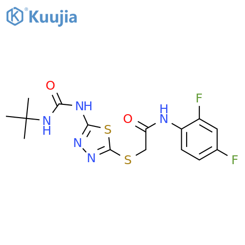 2-({5-(tert-butylcarbamoyl)amino-1,3,4-thiadiazol-2-yl}sulfanyl)-N-(2,4-difluorophenyl)acetamide structure