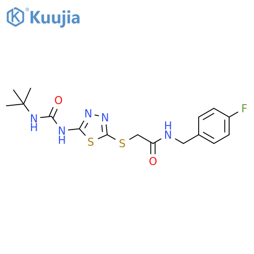 2-({5-(tert-butylcarbamoyl)amino-1,3,4-thiadiazol-2-yl}sulfanyl)-N-(4-fluorophenyl)methylacetamide structure