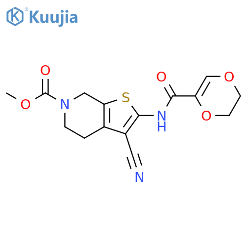 methyl 3-cyano-2-(5,6-dihydro-1,4-dioxine-2-amido)-4H,5H,6H,7H-thieno2,3-cpyridine-6-carboxylate structure
