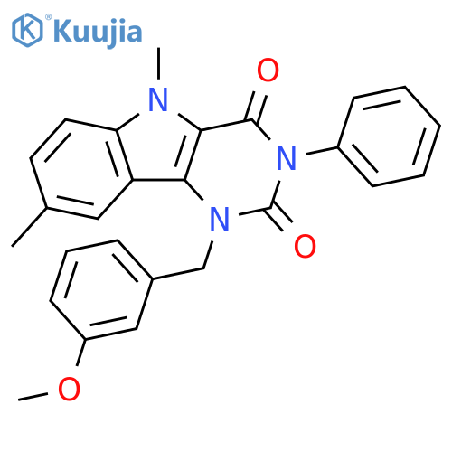 1-(3-methoxyphenyl)methyl-5,8-dimethyl-3-phenyl-1H,2H,3H,4H,5H-pyrimido5,4-bindole-2,4-dione structure