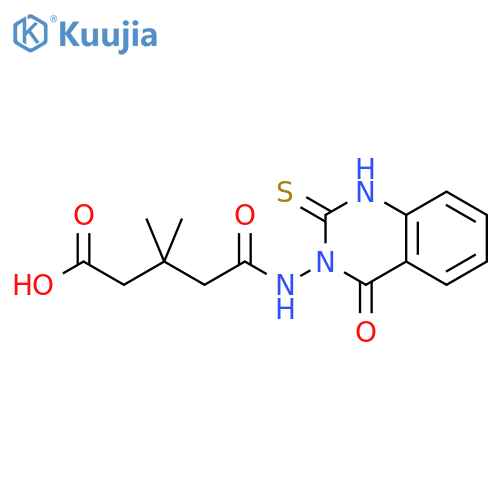 3,3-dimethyl-4-(4-oxo-2-sulfanylidene-1,2,3,4-tetrahydroquinazolin-3-yl)carbamoylbutanoic acid structure