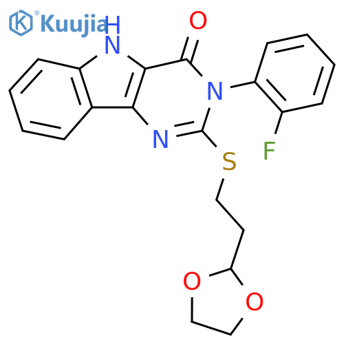 2-{2-(1,3-dioxolan-2-yl)ethylsulfanyl}-3-(2-fluorophenyl)-3H,4H,5H-pyrimido5,4-bindol-4-one structure