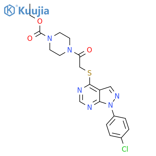 ethyl 4-(2-{1-(4-chlorophenyl)-1H-pyrazolo3,4-dpyrimidin-4-ylsulfanyl}acetyl)piperazine-1-carboxylate structure