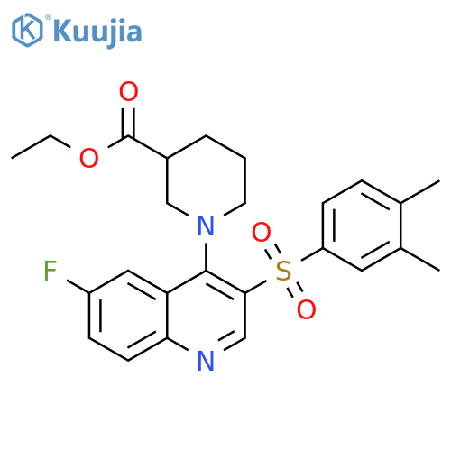 ethyl 1-3-(3,4-dimethylbenzenesulfonyl)-6-fluoroquinolin-4-ylpiperidine-3-carboxylate structure