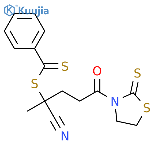 2-Cyano-5-oxo-5-(2-thioxo-1,3-thiazolidin-3-yl)-2-pentanyl benzenecarbodithioate structure