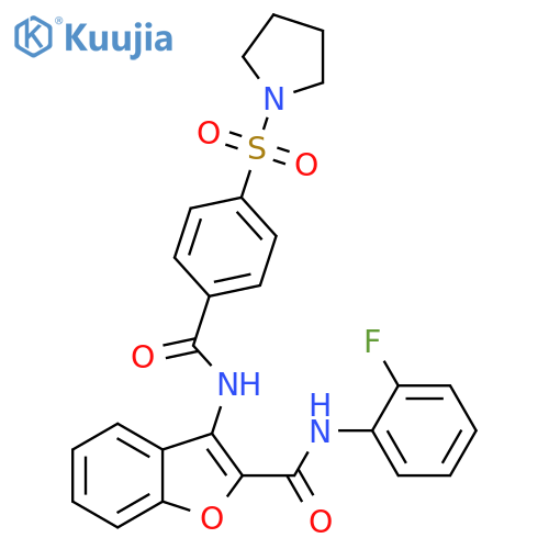 N-(2-fluorophenyl)-3-4-(pyrrolidine-1-sulfonyl)benzamido-1-benzofuran-2-carboxamide structure