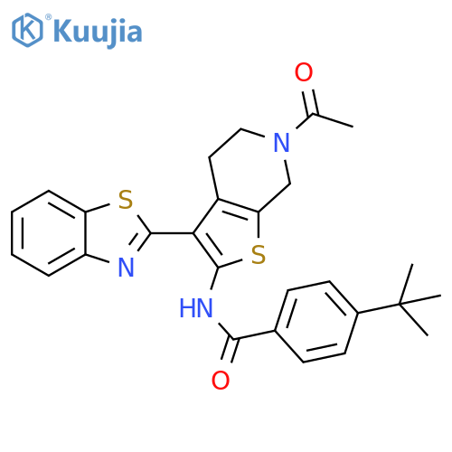 N-6-acetyl-3-(1,3-benzothiazol-2-yl)-4H,5H,6H,7H-thieno2,3-cpyridin-2-yl-4-tert-butylbenzamide structure
