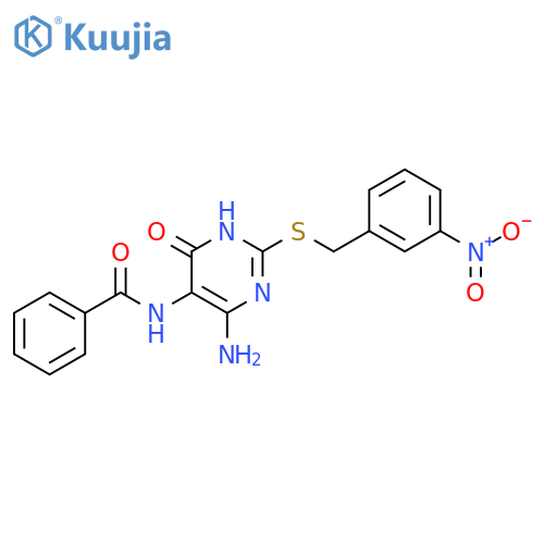 N-(4-amino-2-{(3-nitrophenyl)methylsulfanyl}-6-oxo-1,6-dihydropyrimidin-5-yl)benzamide structure