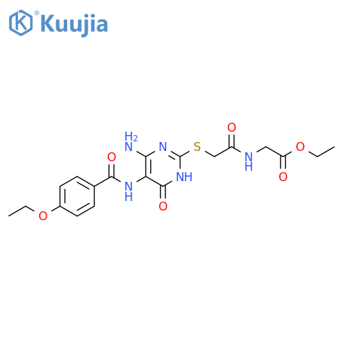 ethyl 2-(2-{4-amino-5-(4-ethoxybenzamido)-6-oxo-1,6-dihydropyrimidin-2-ylsulfanyl}acetamido)acetate structure