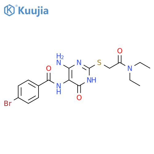 N-(4-amino-2-{(diethylcarbamoyl)methylsulfanyl}-6-oxo-1,6-dihydropyrimidin-5-yl)-4-bromobenzamide structure