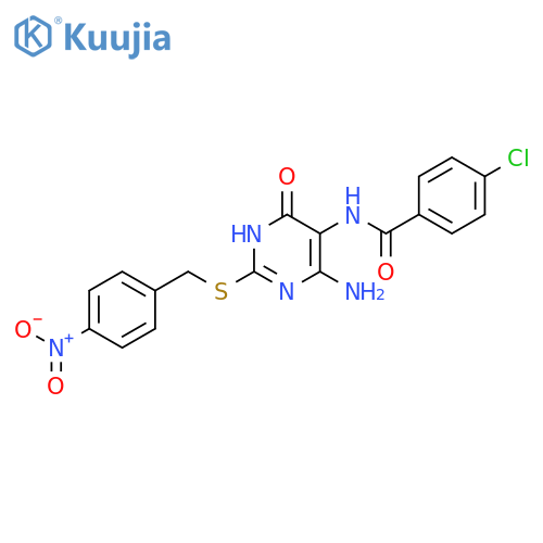 N-(4-amino-2-{(4-nitrophenyl)methylsulfanyl}-6-oxo-1,6-dihydropyrimidin-5-yl)-4-chlorobenzamide structure