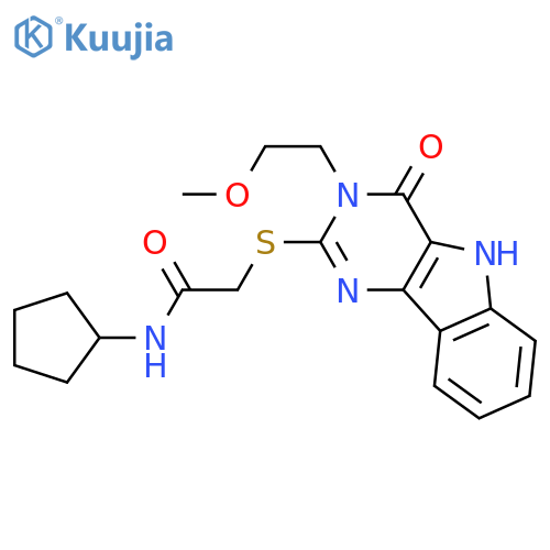 N-cyclopentyl-2-{3-(2-methoxyethyl)-4-oxo-3H,4H,5H-pyrimido5,4-bindol-2-ylsulfanyl}acetamide structure