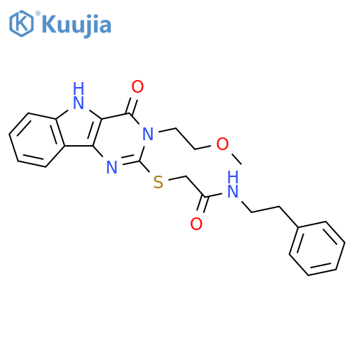 2-{3-(2-methoxyethyl)-4-oxo-3H,4H,5H-pyrimido5,4-bindol-2-ylsulfanyl}-N-(2-phenylethyl)acetamide structure