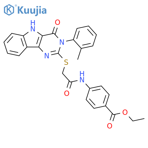 ethyl 4-(2-{3-(2-methylphenyl)-4-oxo-3H,4H,5H-pyrimido5,4-bindol-2-ylsulfanyl}acetamido)benzoate structure