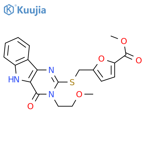 methyl 5-({3-(2-methoxyethyl)-4-oxo-3H,4H,5H-pyrimido5,4-bindol-2-ylsulfanyl}methyl)furan-2-carboxylate structure