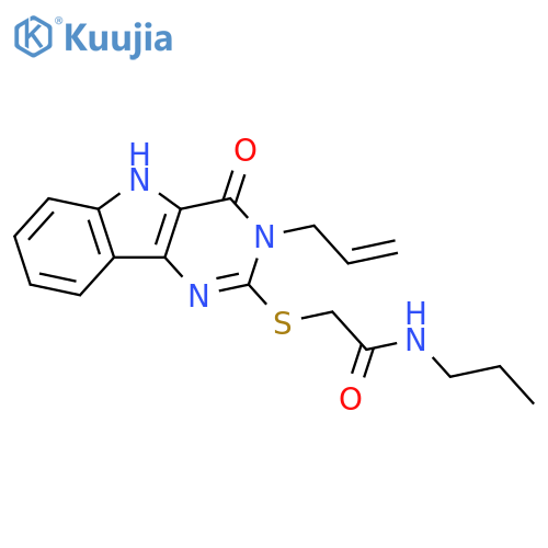 2-{4-oxo-3-(prop-2-en-1-yl)-3H,4H,5H-pyrimido5,4-bindol-2-ylsulfanyl}-N-propylacetamide structure