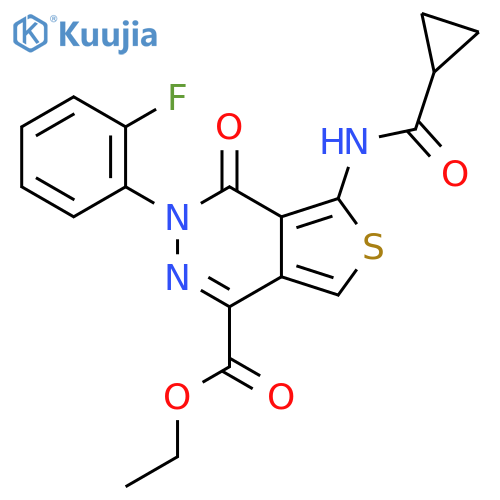 ethyl 5-cyclopropaneamido-3-(2-fluorophenyl)-4-oxo-3H,4H-thieno3,4-dpyridazine-1-carboxylate structure