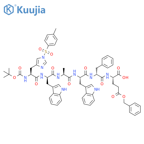 L-Glutamic acid, N-[N-[N-[N-[N-[N-[(1,1-dimethylethoxy)carbonyl]-1-[(4-methylphenyl)sulfonyl]-L-histidyl]-D-tryptophyl]-L-alanyl]-L-tryptophyl]-D-phenylalanyl]-, 5-(phenylmethyl) ester (9CI) structure