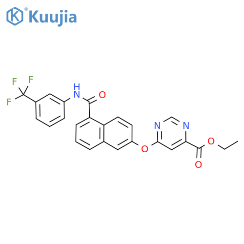 Ethyl 6-[[5-[[[3-(trifluoromethyl)phenyl]amino]carbonyl]-2-naphthalenyl]oxy]-4-pyrimidinecarboxylate structure