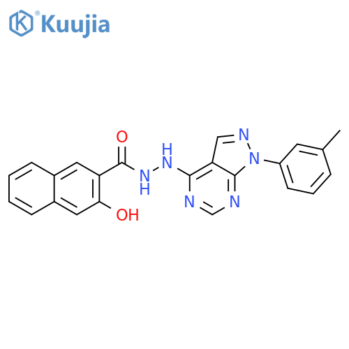 3-hydroxy-N'-1-(3-methylphenyl)-1H-pyrazolo3,4-dpyrimidin-4-ylnaphthalene-2-carbohydrazide structure