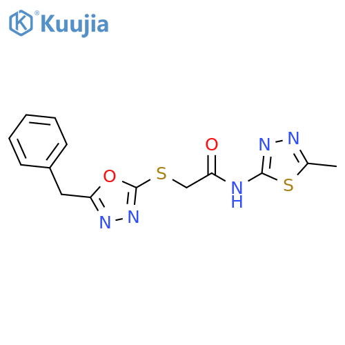 2-(5-benzyl-1,3,4-oxadiazol-2-yl)sulfanyl-N-(5-methyl-1,3,4-thiadiazol-2-yl)acetamide structure