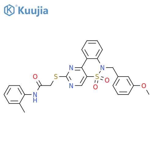 2-({9-(3-methoxyphenyl)methyl-8,8-dioxo-8lambda6-thia-3,5,9-triazatricyclo8.4.0.0^{2,7}tetradeca-1(14),2(7),3,5,10,12-hexaen-4-yl}sulfanyl)-N-(2-methylphenyl)acetamide structure