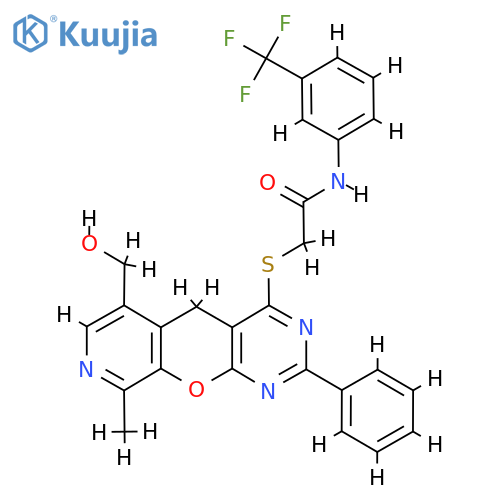 2-{11-(hydroxymethyl)-14-methyl-5-phenyl-2-oxa-4,6,13-triazatricyclo8.4.0.0^{3,8}tetradeca-1(10),3(8),4,6,11,13-hexaen-7-ylsulfanyl}-N-3-(trifluoromethyl)phenylacetamide structure
