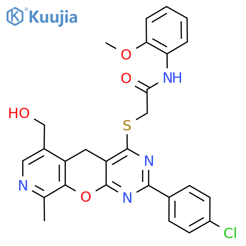 2-{5-(4-chlorophenyl)-11-(hydroxymethyl)-14-methyl-2-oxa-4,6,13-triazatricyclo8.4.0.0^{3,8}tetradeca-1(10),3(8),4,6,11,13-hexaen-7-ylsulfanyl}-N-(2-methoxyphenyl)acetamide structure