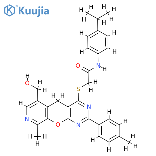 2-{11-(hydroxymethyl)-14-methyl-5-(4-methylphenyl)-2-oxa-4,6,13-triazatricyclo8.4.0.0^{3,8}tetradeca-1(10),3(8),4,6,11,13-hexaen-7-ylsulfanyl}-N-4-(propan-2-yl)phenylacetamide structure