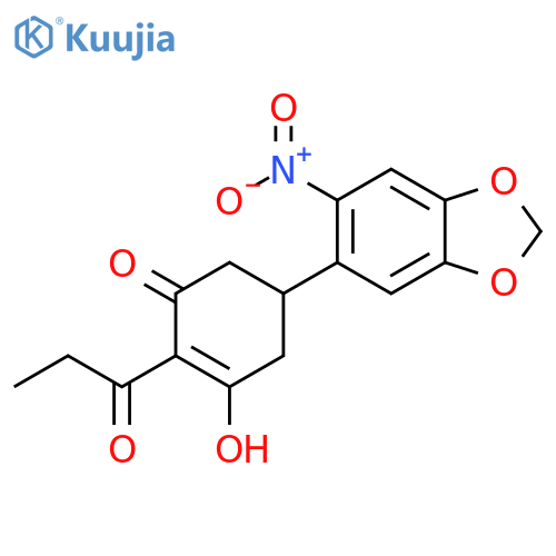 2-Cyclohexen-1-one,3-hydroxy-5-(6-nitro-1,3-benzodioxol-5-yl)-2-(1-oxopropyl)- structure