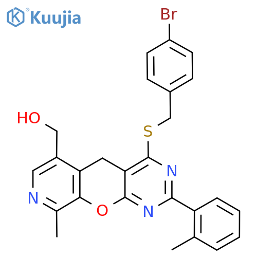 (7-{(4-bromophenyl)methylsulfanyl}-14-methyl-5-(2-methylphenyl)-2-oxa-4,6,13-triazatricyclo8.4.0.0^{3,8}tetradeca-1(10),3(8),4,6,11,13-hexaen-11-yl)methanol structure