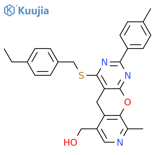 (7-{(4-ethylphenyl)methylsulfanyl}-14-methyl-5-(4-methylphenyl)-2-oxa-4,6,13-triazatricyclo8.4.0.0^{3,8}tetradeca-1(10),3(8),4,6,11,13-hexaen-11-yl)methanol structure