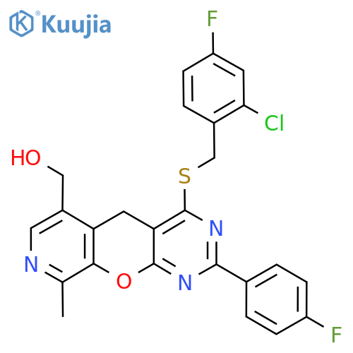(7-{(2-chloro-4-fluorophenyl)methylsulfanyl}-5-(4-fluorophenyl)-14-methyl-2-oxa-4,6,13-triazatricyclo8.4.0.0^{3,8}tetradeca-1(10),3(8),4,6,11,13-hexaen-11-yl)methanol structure