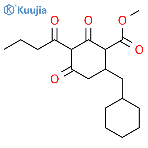 Cyclohexanecarboxylic acid,6-(cyclohexylmethyl)-2,4-dioxo-3-(1-oxobutyl)-, methyl ester structure