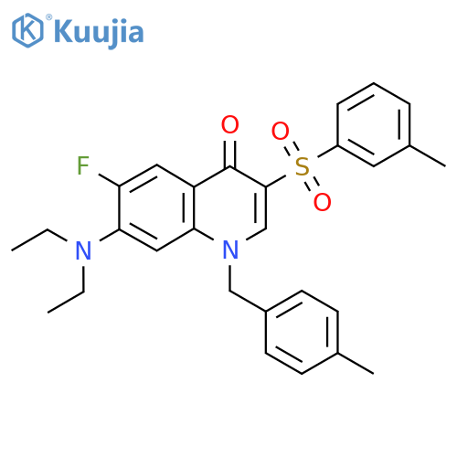 7-(diethylamino)-6-fluoro-3-(3-methylbenzenesulfonyl)-1-(4-methylphenyl)methyl-1,4-dihydroquinolin-4-one structure
