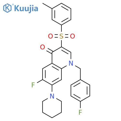 6-fluoro-1-(4-fluorophenyl)methyl-3-(3-methylbenzenesulfonyl)-7-(piperidin-1-yl)-1,4-dihydroquinolin-4-one structure