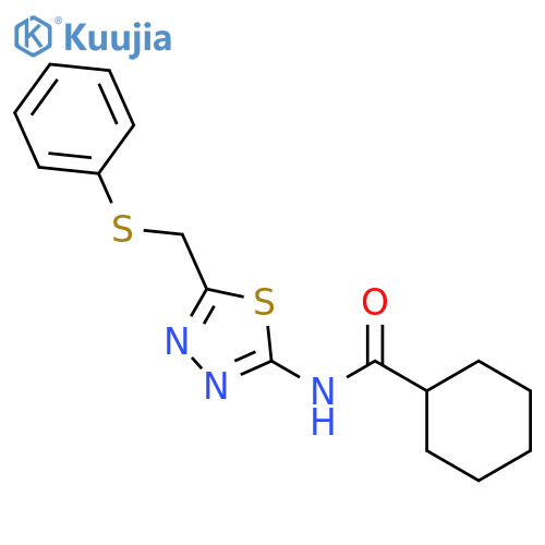N-{5-[(phenylsulfanyl)methyl]-1,3,4-thiadiazol-2-yl}cyclohexanecarboxamide structure